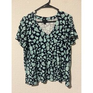 J. Jill Wearable Collection Size Medium Green Blue Fruit V Neck Short Sleeve Top
